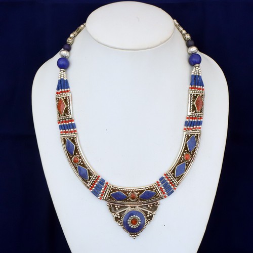 Collier Tibétain/Népalais En Argent Sterling 925 Et Lapis-Lazuli - Fait Main - Longueur 18 Pouces