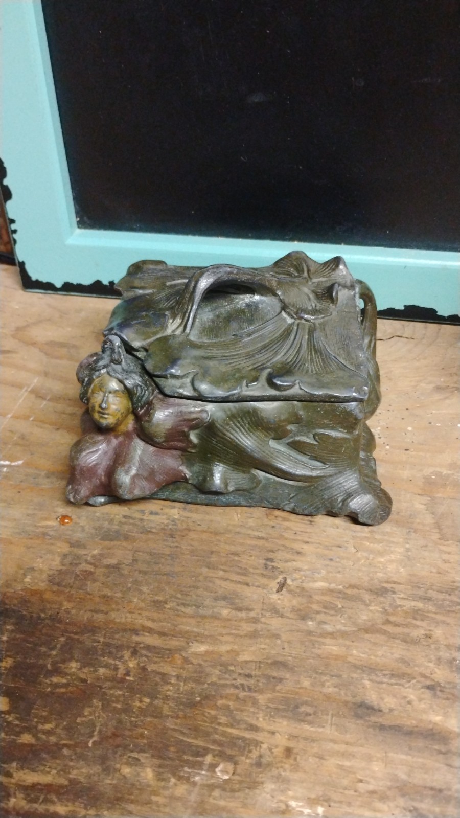 antique art nouveau bronze lady embossed  Jewelry Trinket container