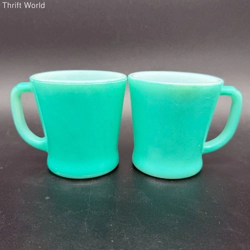 Fire-King Jadeite D-Handle Mugs Green Milk Glass Coffee Cups Vintage Set of 2