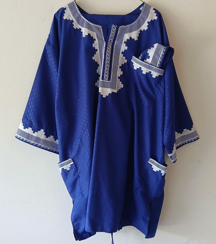 Vintage 3 Pc Set Mens Blu Embroidered Dashiki Tunic Pants Kufi Hat One Size IRP