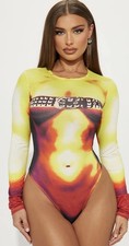 Fashion Nova Yellow Red Graphic One Piece Bodysuit Women s Size S