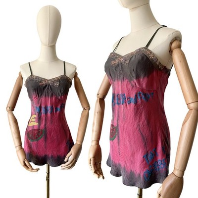 Guess Y2K Vintage Graffiti & Ombre Printed Lace Trim Silk Cami Top Size XS