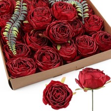 IPOPU Red Roses Artificial Flowers 25pcs Dark Red Silk Bulk Flower Heads Ving...