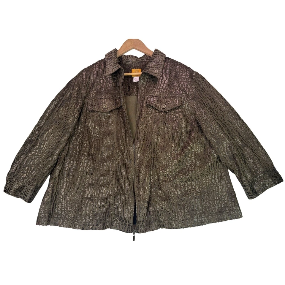 Ruby Rd Snake Print Animal Print  Zip Up Jacket Olive/Brown Lightweight Size 22W - Image 2 of 4