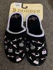 NEW ISOTONER Womens Classic Slippers SHUZ RULE Black XL 9.5-10 Embroidered