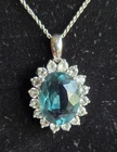 Vintage 925 Sterling Silver ~7ct Blue/Green Tourmaline And CZ Halo Pendant Ncklc