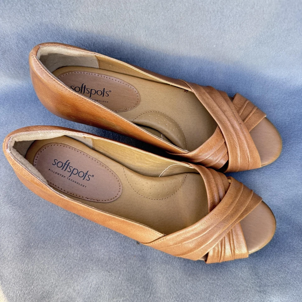 Zapatos Softspots para mujer talla 8,5 W cuero tostado punta abierta cuña comodidad 757300 Foto 3 de 4