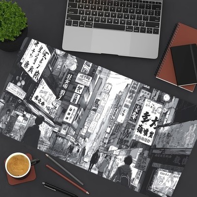 40*90cm Japanese Anime Black & White City Street Large Mouse Pad & Keyboard Mat