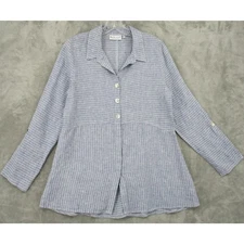 Habitat Blouse Womens Small Striped Linen Blend Button Down Boxy Lagenlook Blue