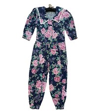 Vintage Blondie and Me Navy Floral Jumpsuit Bubble Hem Sailor Collar Women  s M