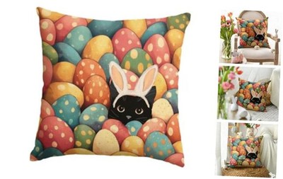  Easter Eggs Throw Pillow Cover, 18 x 18 Inch Rabbit Ears Black Cat Cushion 