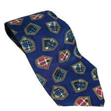 VTG Tommy Hilfiger Silk Tie Navy Blue Plaid Crest Shield 90s Y2K Made in USA
