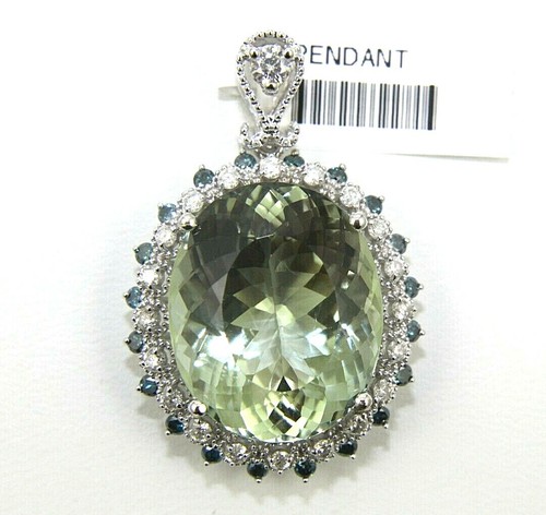 Natural Oval Green Amethyst & Diamond Halo Pendant 14K White Gold 24.74Ct - 第 1/5 張圖片