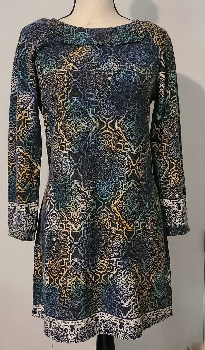 ARYEH Anthropologie PRINT FITTED Dress Knit Sz LARGE Long Sleeve Boho