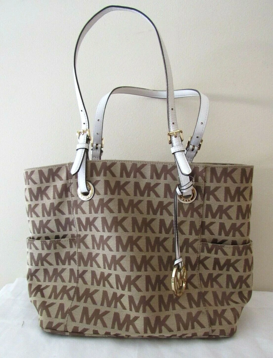 MICHAEL KORS MK Brown Canvas Signature Tote Bag White Leather