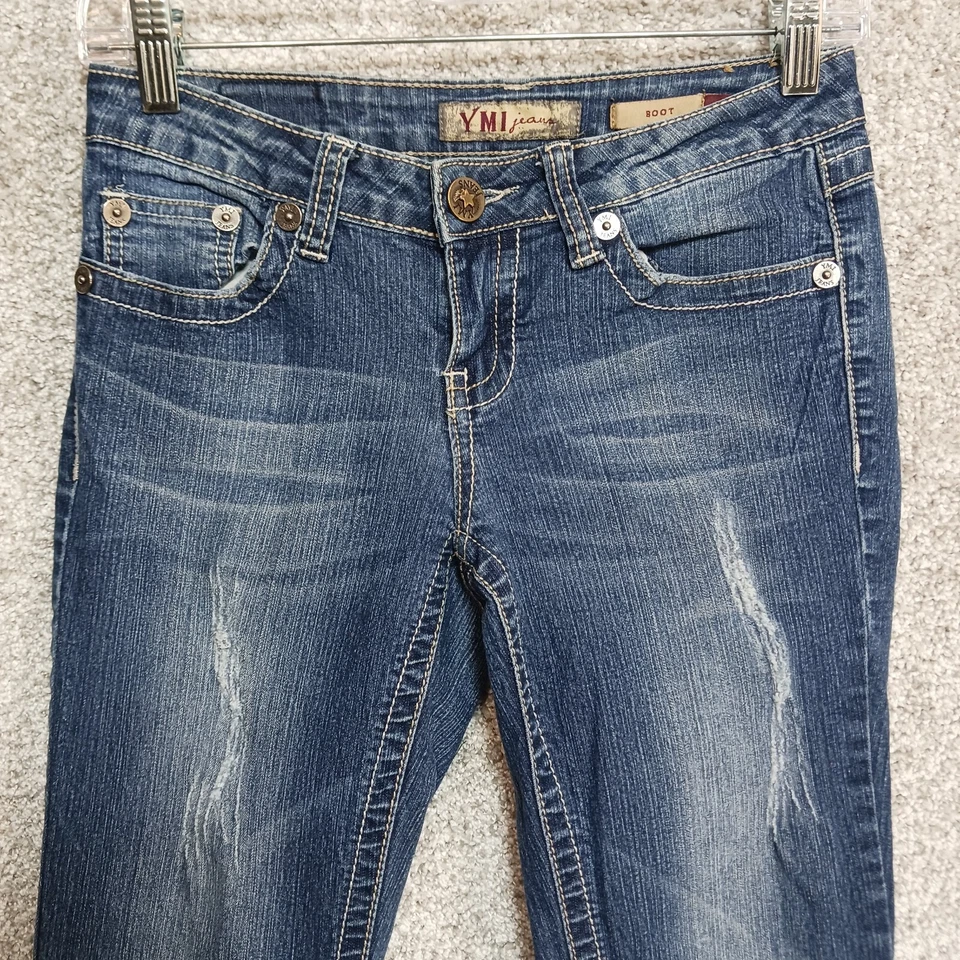 Pantalones de mezclilla YMI para mujer talla 1 azul corte bota estrás solapa bolsillos occidentales años 90 Foto 2 de 4