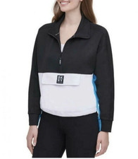 New DKNY Sport Women's Colorblock Half Zip Pullover Sweatshirt Black White Blue
