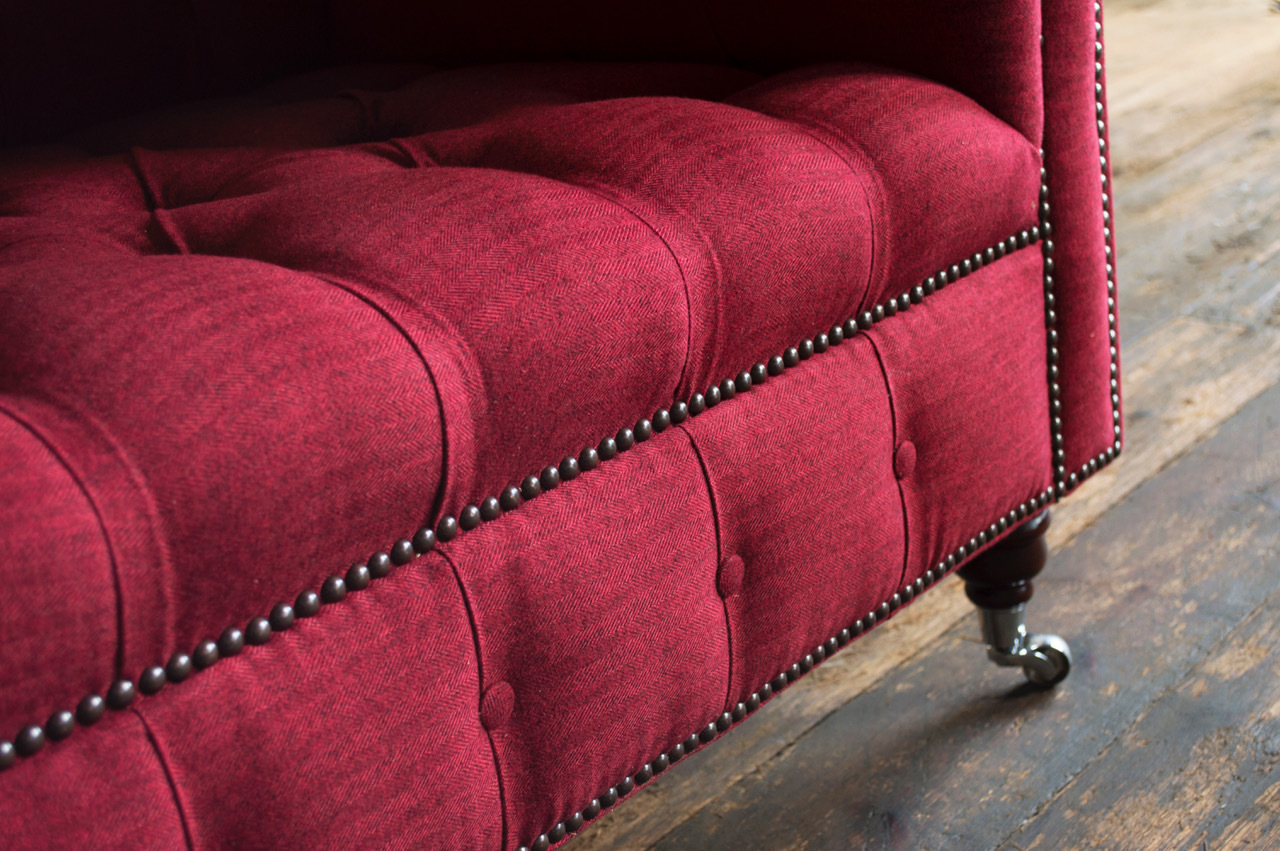 HANDMADE 3 SEATER RED HERRINGBONE WOOL FABRIC CHESTERFIELD SOFA STYLE