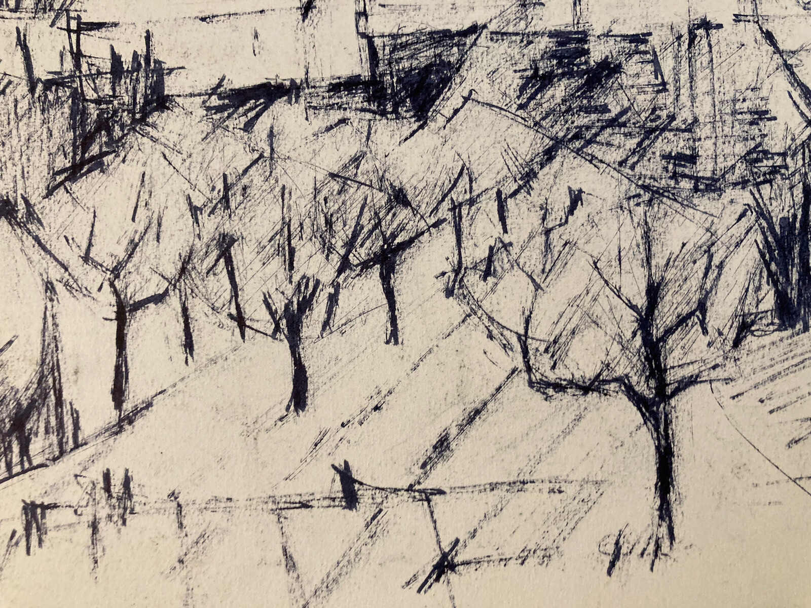 Beautiful Charcoal Drawing Cubist Village Post Cubism Paper 1960 Provence House Art