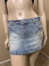 Women’s Light Blue Denim Cotton Casual Stretch Slim Embroidery Mini Size M Skirt