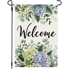 CROWNED BEAUTY Spring Garden Flag Hydrangea Eucalyptus 12x18 Inch Double Sided