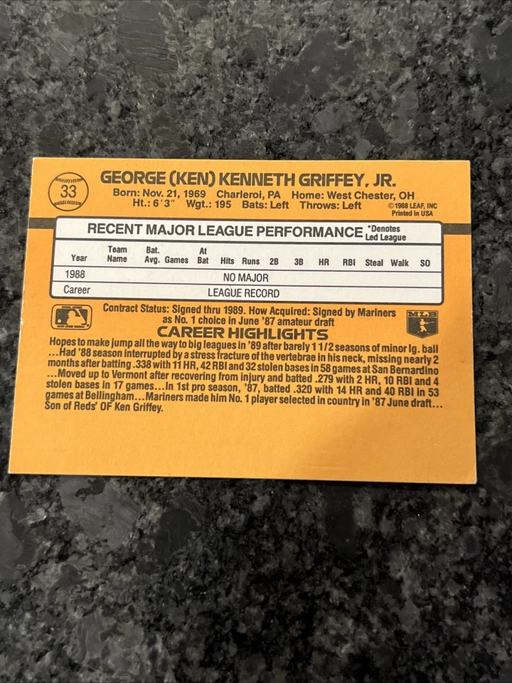 1989 Donruss Ken Griffey jr RC #33 - Image 2 of 4