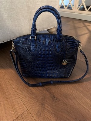BRAHMIN BLUE LARGE DUXBURY NAVY TIPPING LEATHER SATCHEL HANDBAG