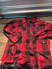 Wrangler Cowboy Cut Shirt Mens 17/34 Red Black Plaid Snap Western X-Long Tails