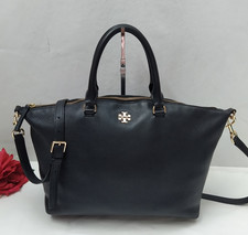 Tory Burch Black Pebbled Leather Double Handles Zipper Satchel Bag