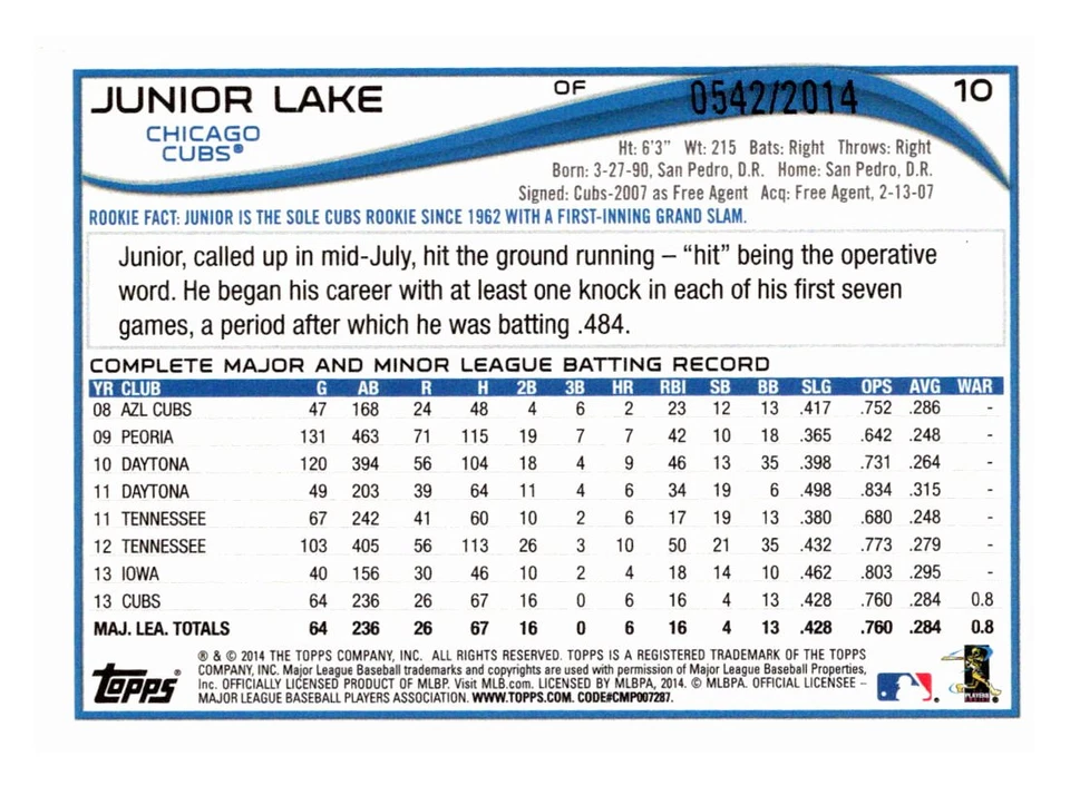2014 Topps #10 Junior Lake Gold #/2014 Nice Free Shipping - Image 2 of 2
