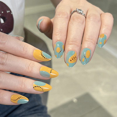 60pcs Almond Press on Nails, Yellow Blue Contrast Dot Hand Paint Trend Nails
