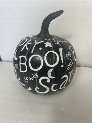 Hand-Carved Black Halloween Pumpkin Word Art Spooky Boo Scary Decor, Artificial