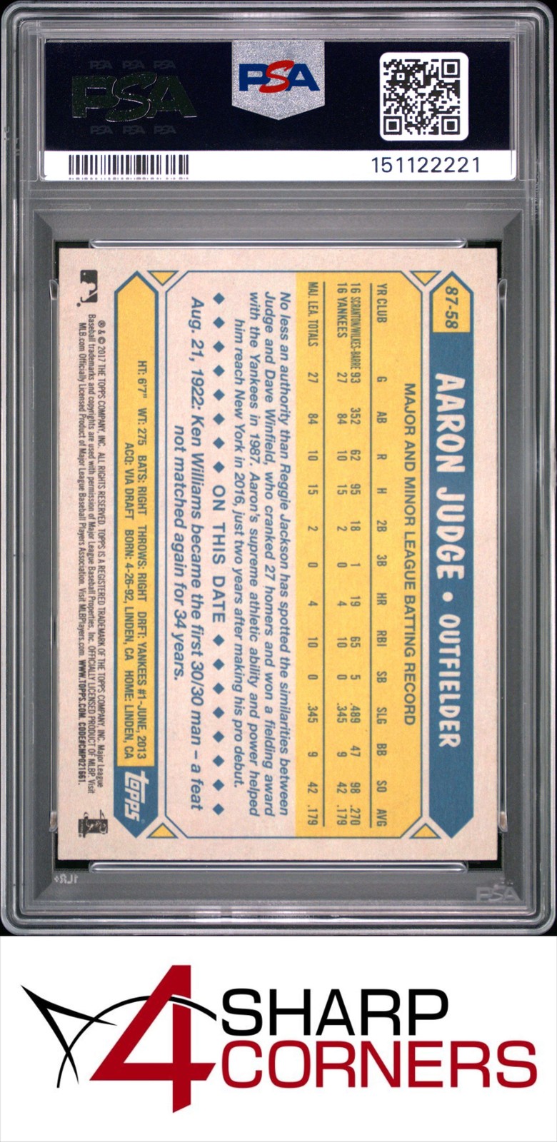 2017 TOPPS 1987 TOPPS DESIGN #87-58 AARON JUDGE RC YANKEES PSA 10 view 2