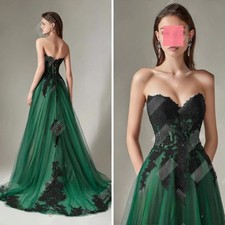 Classic Green and Balck Tulle Lace Applique A Line Strapless Wedding Dresses