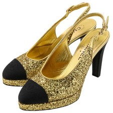 Chanel Slingback Pumps Coco Mark Glitter Gold Black Women's Size EU37.5/US7.5