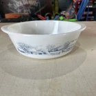 Vintage Glasbake Currier & Ives 2 Qt Casserole Dish Farm Scene Blue White