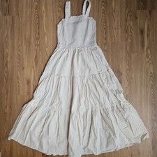 Dress Forum Boho Beige Smocked Tiered Midi Dress Tank Straps Womens Small