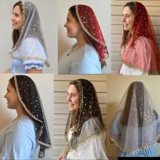 D Shape Princess Mantilla Veils Catholic Mass Prayer Sparkly Sequin Tulle Church