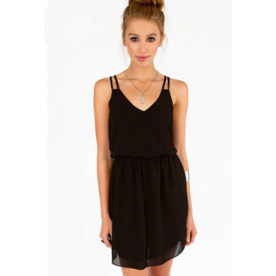 Black Chaotic Chiffon Slim Sling V-neck Strip Off shoulder Casual Midi Dress 