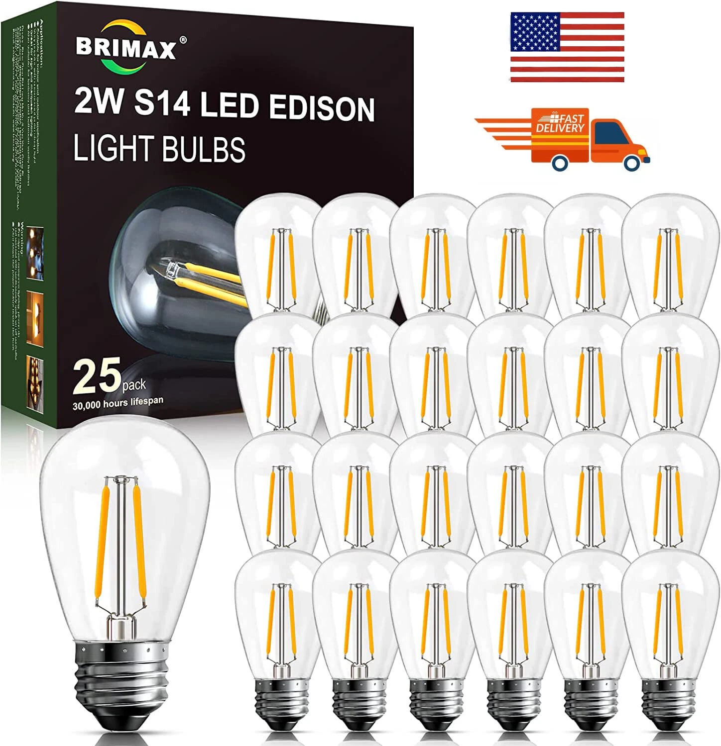 LED bulbs S14 E26 Outdoor Edison lights 2W (25Pack)for String Light Replacement