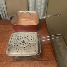 Red Copper 10" Square Pan 5 Piece Set Deep Fry Roast Steam Bake Broil Used Once