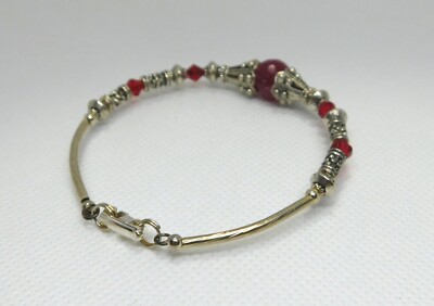 Hand crafted Ruby Red Crystal Bangle bracelet, nice metal work, fold over  clasp