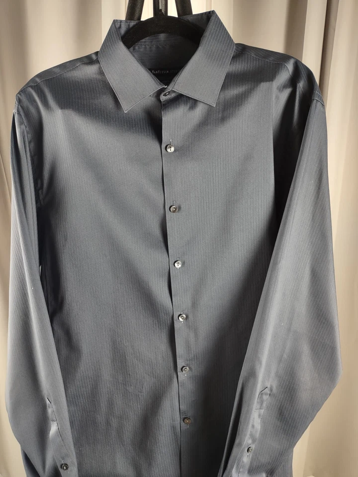 Van Heusen Studio Men Dark Blue To Gray Cotton Blend Dress Shirt Size 16 (34/35) - Image 2 of 4