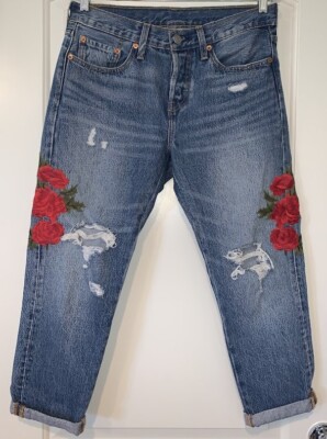 Levis 501 Womens Jeans 27x26 Blue Denim Crop Rose