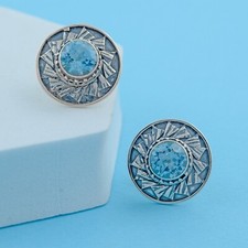 Round Blue Topaz Cufflinks 925 Sterling Silver Men's Gift Jewelry Real Gemstone