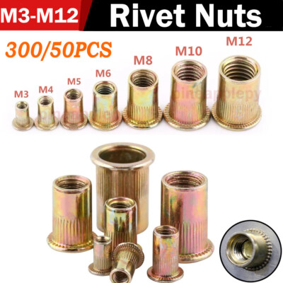 50PCS-Rivet Nuts,5/16"-18 Steel UNC Rivet Nut Assortment Kit, Flat Head Threaded Insert Nutserts