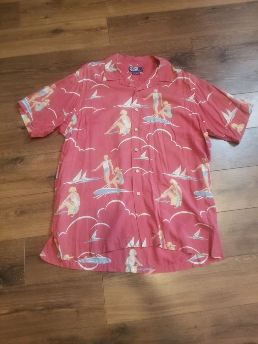 Rare Polo Ralph Lauren Vintage Camp Surfers Sailboats Hawaiian Shirt Viscose L