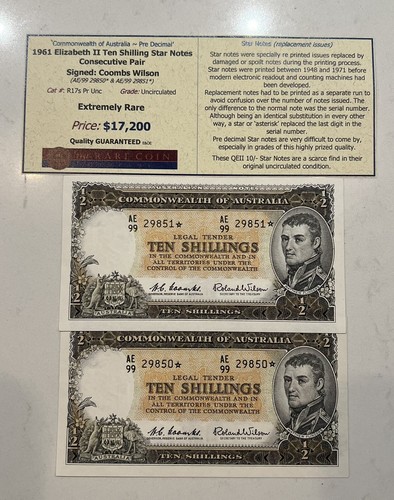 1961 Ten Shilling Star Note Coombs/Wilson R17s Consecutive Pair, Rare
