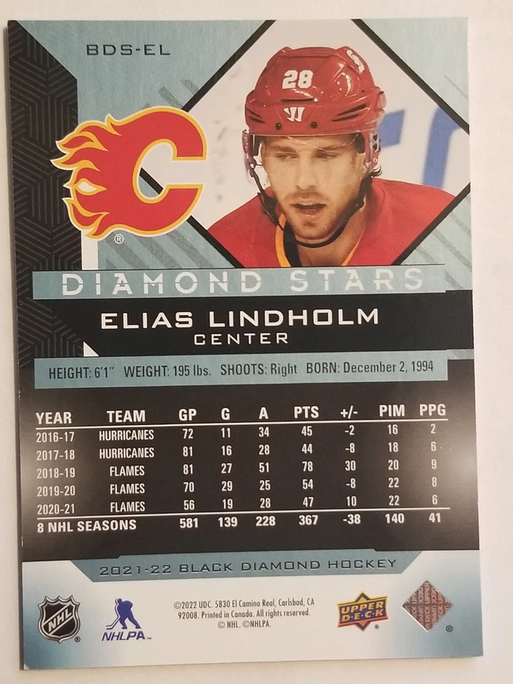 2021-22 Diamond Stars BDS-EL Elias Lindholm /249 Flames Upper Deck Black Diamond - Image 2 of 2