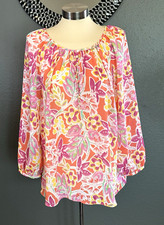 CHAPS RALPH LAUREN Large Orange Pink Yellow 3/4 Sleeve Semi-Sheer Pearl Buttons